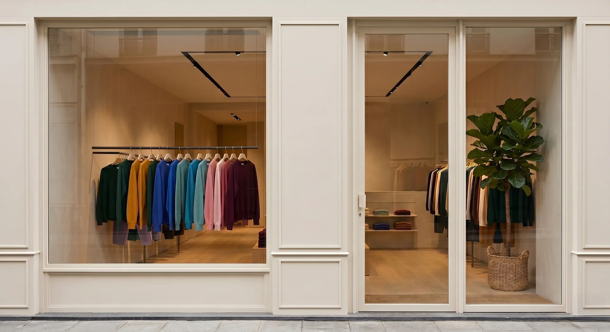 Minimalist clothing store exterior with a colourful sweatshirt display.